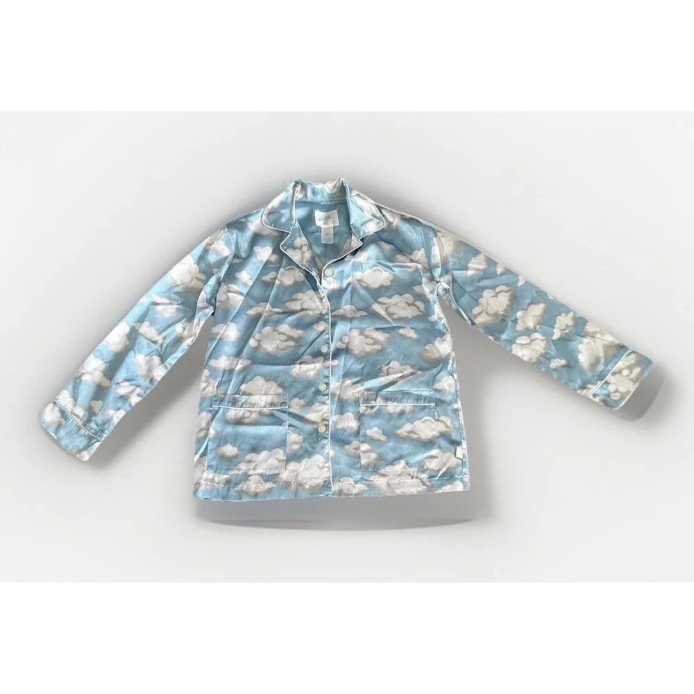 Nick and Nora Vintage Blue Cloud Print Satin Pajama Top Button Up Kids Sz M 7/8